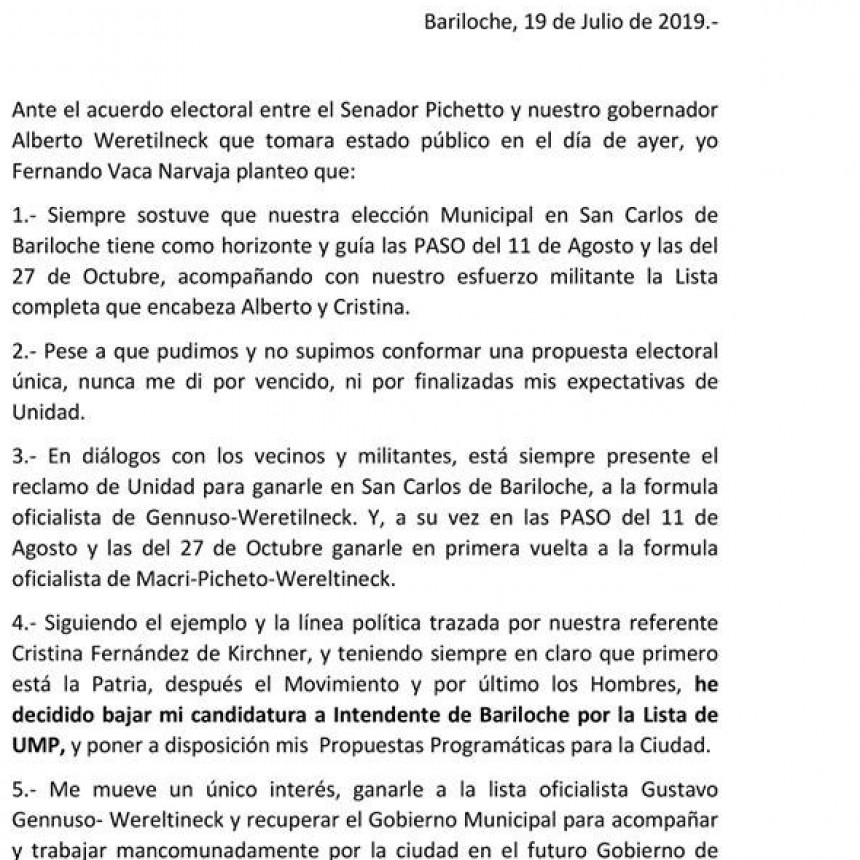 Vaca Narvaja declin&oacute; su candidatura a Intendente de Bariloche